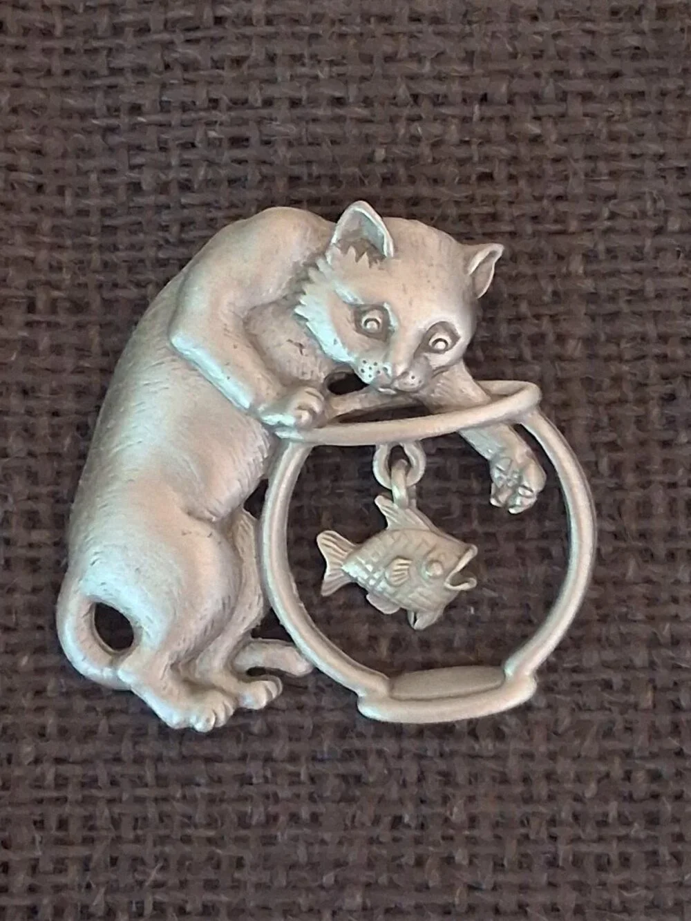 Set of 2 Vintage Signed JJ Pewter Cat Fishbowl Dangling Pins